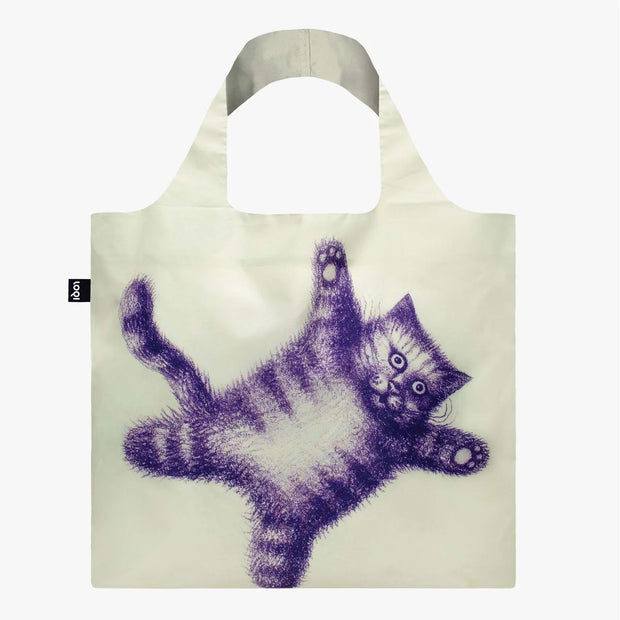 A recycled reusable bag from LOQI featuring the Flying Purr-ple Cat artwork from Armando Veve.