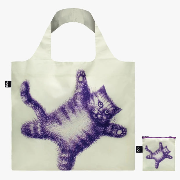 A recycled reusable bag from LOQI featuring the Flying Purr-ple Cat artwork from Armando Veve photographed with its pouch.