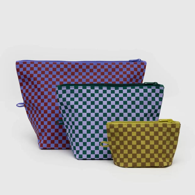 A BAGGU three Go Pouch Set in Jewel Checks