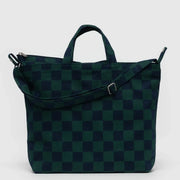 A horizontal zip duck bag from BAGGU in Navy Green Check