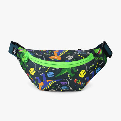 The front of a Dinosaur Roar recycled bumbag for kids from LOQI 