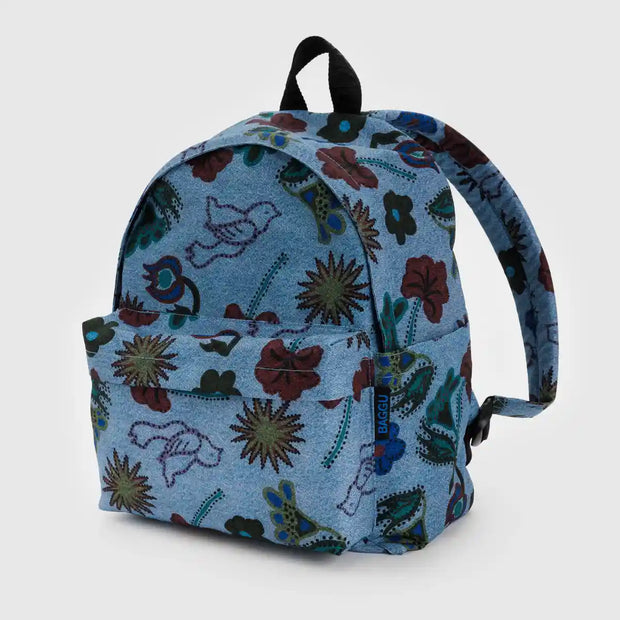A Baggu Medium Backpack in Digital Denim Birds