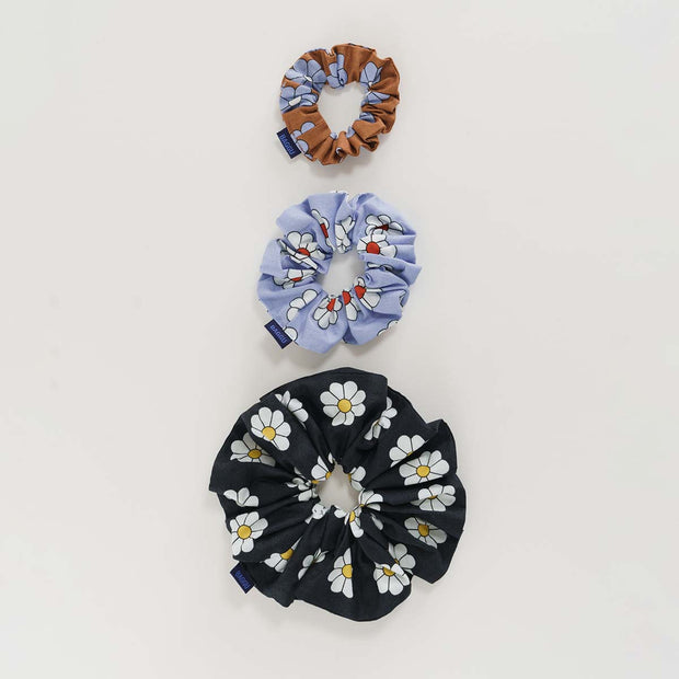 A set of three Baggu hair scrunchies in Daisies design