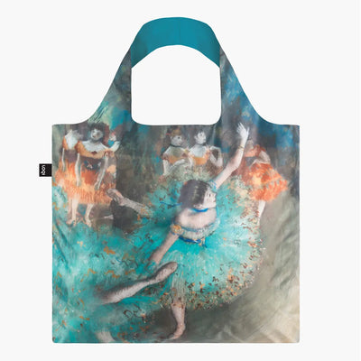 A recycled reusable bag from LOQI featuring the Swaying Dancer artwork from Degas photographed with its pouch.