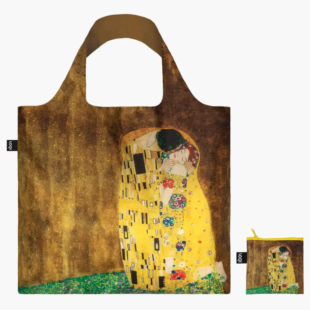 A recycled reusable bag from LOQI featuring the Kiss artwork from Gustav Klimt photographed with its pouch.