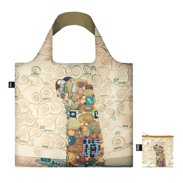 A recycled reusable bag from LOQI featuring the Fulfilment artwork from Gustav Klimt photographed with its pouch.