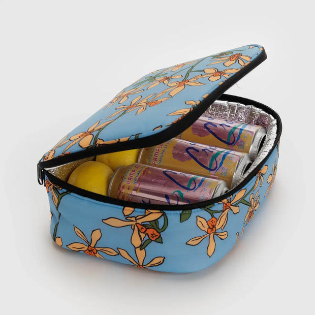 An unzipped Orchid lunch box/bag with a zip closure