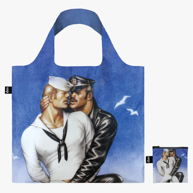 A recycled reusable bag from LOQI featuring Tom of Finland, Bon Voyage shown with coordinating zip pocket
