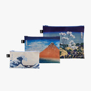 A LOQI x Katsushika Hokusai zip pocket set, featuring Fuji from Gotenyama, and Red Fuji Wave by Katsushika Hokusai.