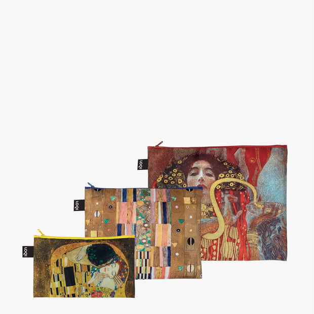 A LOQI x Klimt recycled Zip Pockets set featuring The Kiss, Hygieia, and The Knight.