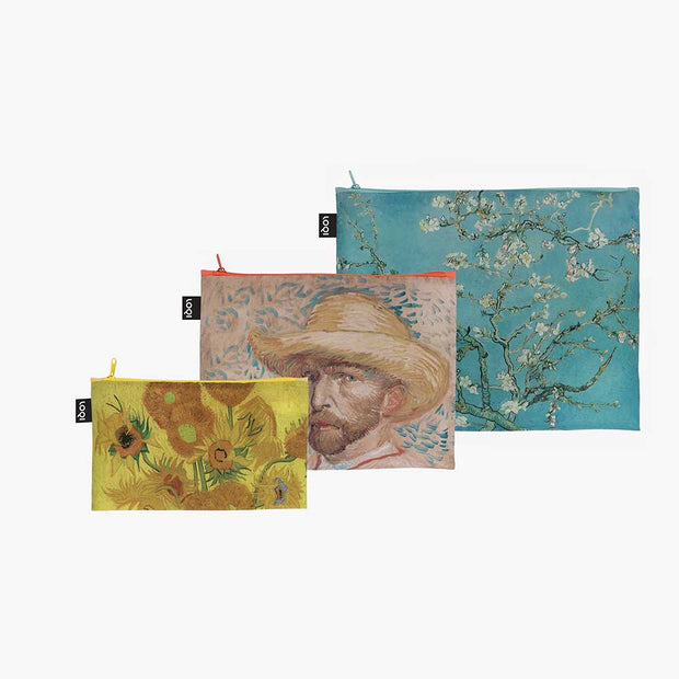 One LOQI x Vincent Van Gogh set of zip pockets featuring Sunflowers, Self- Portrait, and Almond Blossom