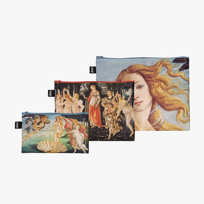 A LOQI x Sandro Botticelli set of zip pockets, featuring classic Sandro Botticelli designs including the Portrait of Venus, Birth of Venus, and Primavera