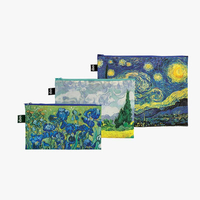 A LOQI x Vincent Van Gogh set of zip pockets featuring The Starry Night, A Wheatfield With Cypresses, and Irises