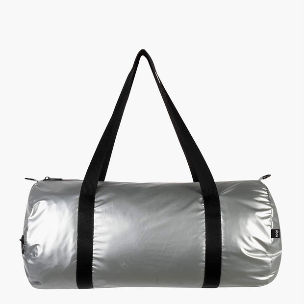 A silver and rose gold reversible weekender bag from LOQI shown from the silver side